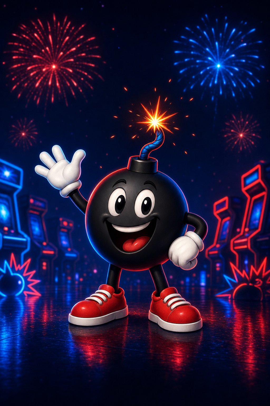 Boom, the round bomb mascot with a lit sparkler fuse, waving hello