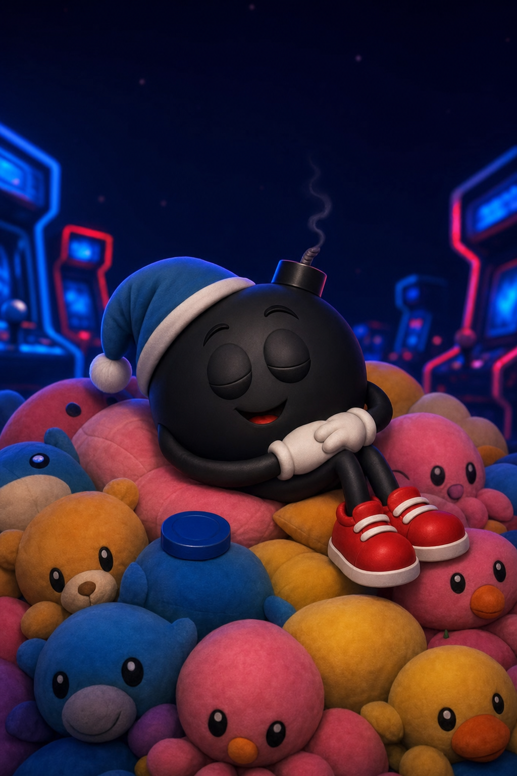 Boom the bomb mascot napping, fuse out, until tomorrow's bonus